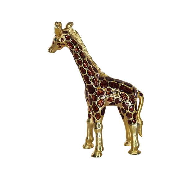 Vintage Giraffe Hinged Trinket Box Metal Enameled Green Rhinestone Eyes - Picture 3 of 9